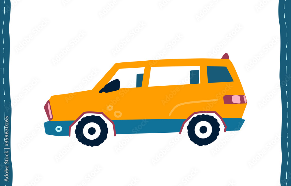 Little cute cartoon yellow car, travel illustration isolated on white. Vector