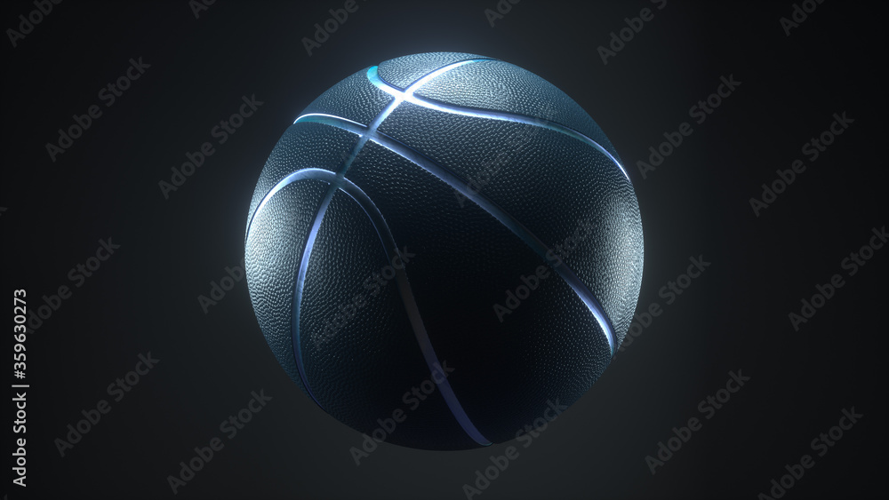 Black Basketball with blue Metallic Line Design on dark Background. Futuristic sports concept. Close-up isolated sphere ball with dots. View front. 3D rendering Black Basketball with blue Metallic Line Design on dark Background. Futuristic sports concept. Close-up isolated sphere ball with dots. View front. 3D rendering