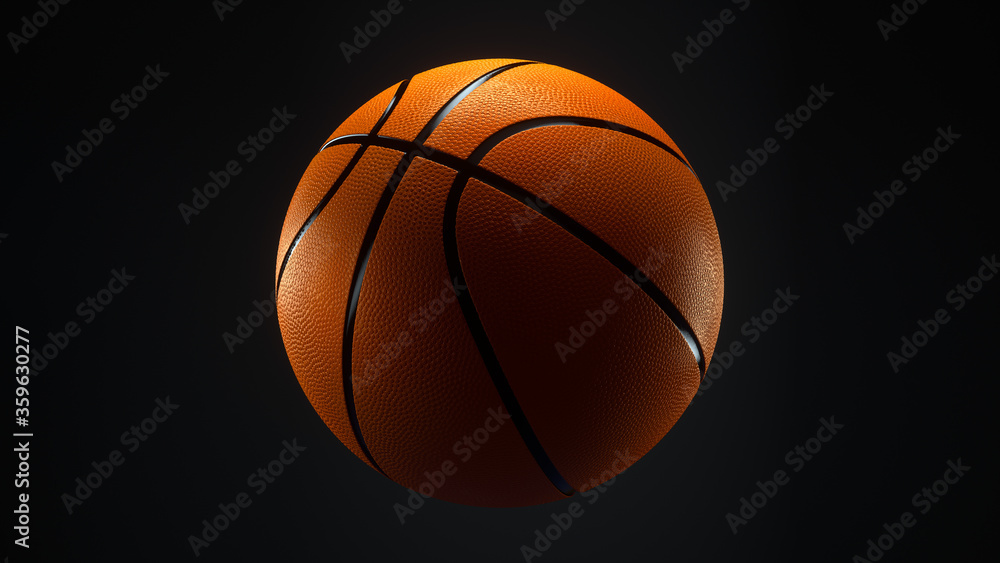 Orange Basketball with black Metallic Line Design on dark Background. Futuristic sports concept. Close-up isolated sphere ball with dots. View front. 3D rendering