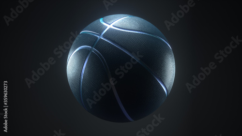 Black Basketball with blue Metallic Line Design on dark Background. Futuristic sports concept. Close-up isolated sphere ball with dots. View front. 3D rendering
