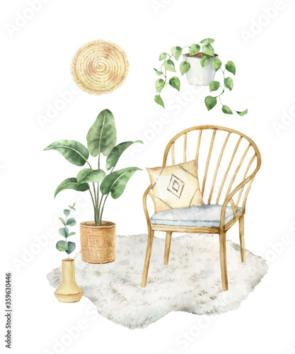 Watercolor vector aesthetic room decor. Boho cozy home clipart.