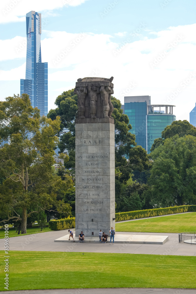 View of the Shrine of Remembrance with people and tourists in Melbourne Victoria Australia. It was built to honour the men and women of Victoria who served in World War I