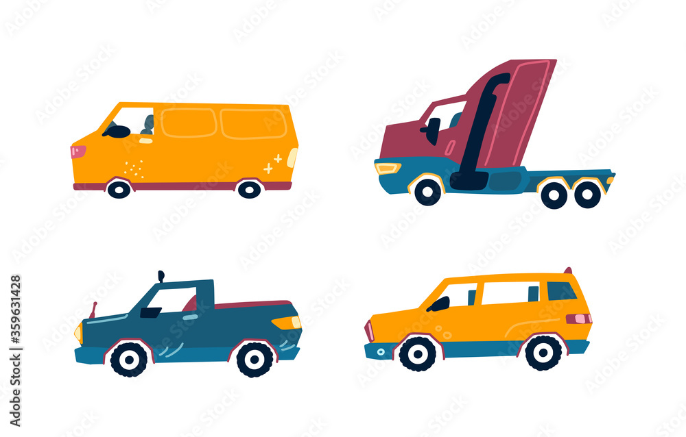 Set of cartoon little different cars. Collection of kids toys. Vector illustration isolated on white background.