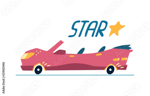 Little cute cartoon car pink celebrity cabriolet, illustration isolated on white. Vector