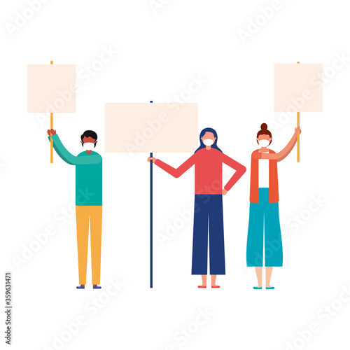 People with medical masks and banners boards vector design