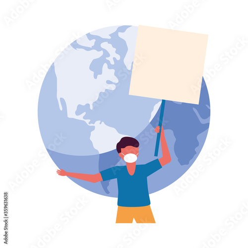 Man with medical mask banner board and world vector design