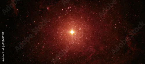 Beautiful night sky, star in the space. Red star on a background of the starry sky. Collage on space, science and education items. Elements of this image furnished by NASA.