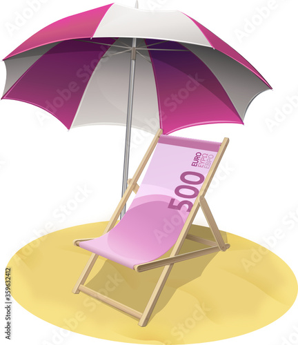 Chaise longue billet de banque de 500 euros sur la plage (détouré)