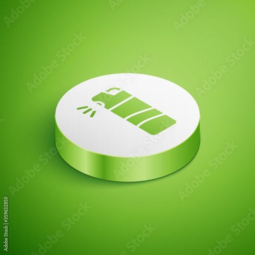 Isometric Pepper spray icon isolated on green background. OC gas. Capsicum self defense aerosol. White circle button. Vector.
