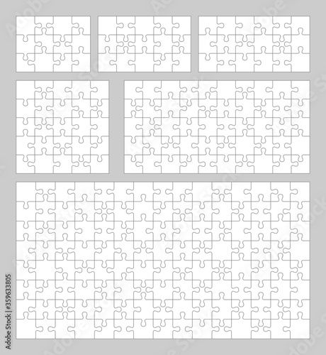 Vector set of jigsaw puzzle. Puzzle pieces grid with different types of details isolated on white background. Mind puzzles piece and business presentation frame. 12,15,18,20,50,120 pieces, mosaics