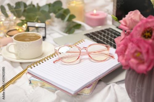 Business accessories on white cloth background. Blogger concept