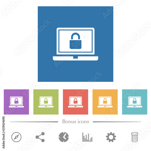 Locked laptop flat white icons in square backgrounds