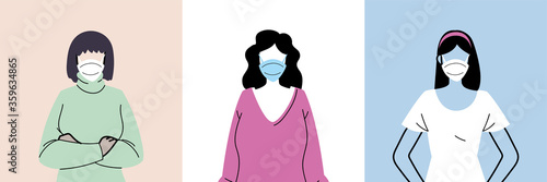 set of women avatar in protective medical face masks