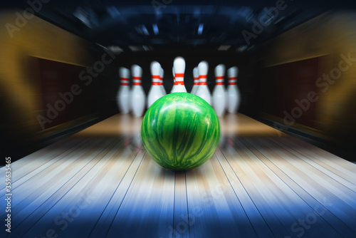 Fotografie Bowling alley. Ball and pins.