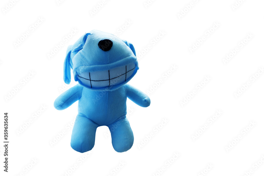 blue cute Dog doll show smile with bell dog collar isolated on white background blue cute Dog doll show smile with bell dog collar isolated on white background