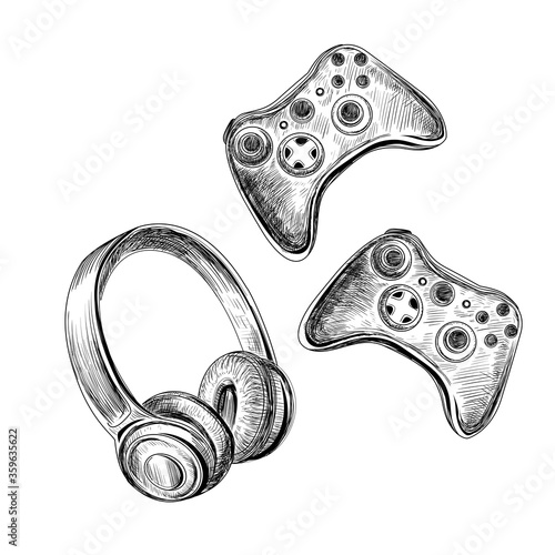 Hand drawn sketch illustration with gaming items. Joysticks and headphones. Vacation concept