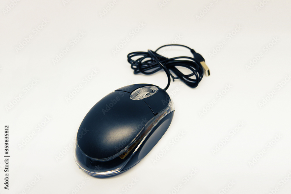Black laser mouse with USB cable isolated on white background Black laser mouse with USB cable isolated on white background