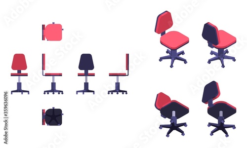 isometric and flat red chair on wheels from differnet directions