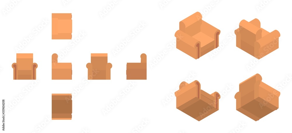 isometric and flat soft orange armchair from differnet directions isometric and flat soft orange armchair from differnet directions