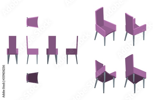 isometric and flat purple armchair from differnet directions