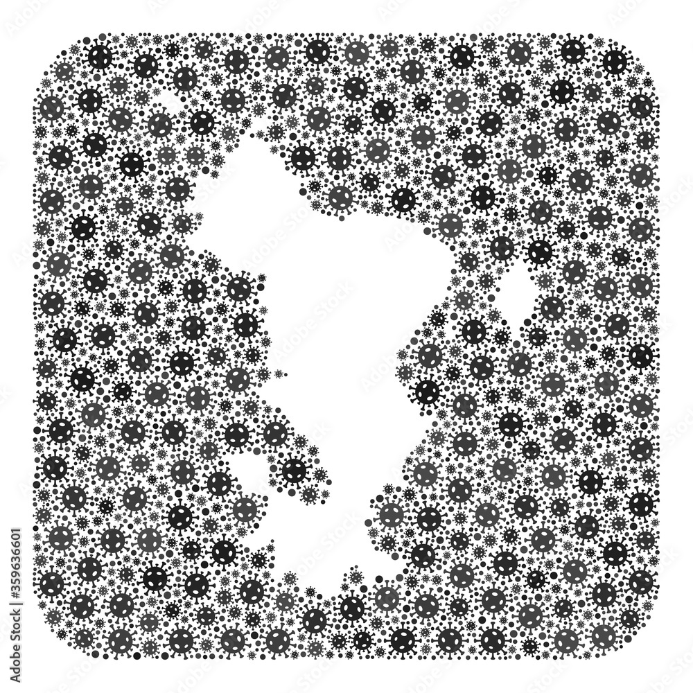 Pandemic virus map of Mayotte Islands collage designed with rounded square and hole. Vector map of Mayotte Islands collage of infection virus parts in various sizes and gray color tones. Pandemic virus map of Mayotte Islands collage designed with rounded square and hole. Vector map of Mayotte Islands collage of infection virus parts in various sizes and gray color tones.