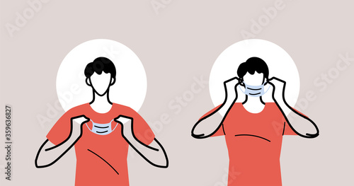 how to wear a mask correct, men presenting the correct method of wearing a medical mask