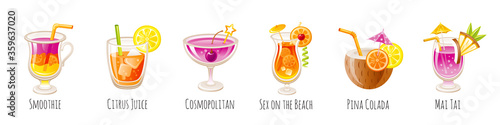 Cocktail vector drink set. Glass illustration with summer alcohol bar menu. Isolated Mai Tai, Pina Colada, Sex on beach, Smoothie, Orange Juice, Cosmopolitan. Tropic beverage watercolor party icons
