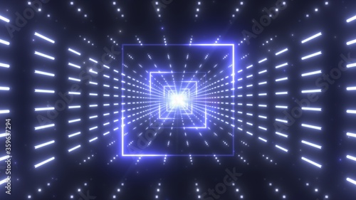 Futuristic Neon Lights Flashing Tunnel of Endless Blue Glow Squares - Abstract Background Texture