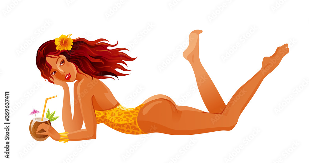 Beach girl vector. Summer sexy woman with cocktail illustration. Cartoon  sun tan girl in bikini swimsuit