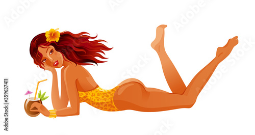 Beach girl vector. Summer sexy woman with cocktail illustration. Cartoon sun tan girl in bikini swimsuit with cute face and tropical drink. Vacation people art. Flat relax pin up lady laying on beach