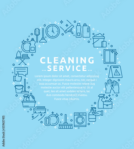 Vector illustration of house cleaning services icon, emblems, logos with vacuum cleaner, spray, sponge, bucket, brush, gloves. Trendy flat cleaning icon.Spring cleaning concept for web banners, poster