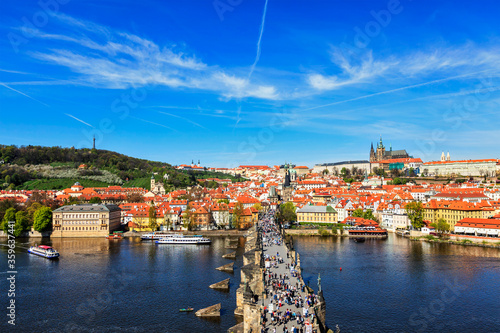 View of Mala Strana, Charles bridge and Prague castle from Old Town bridge tower over Vltava river. Prague, Czech Republic