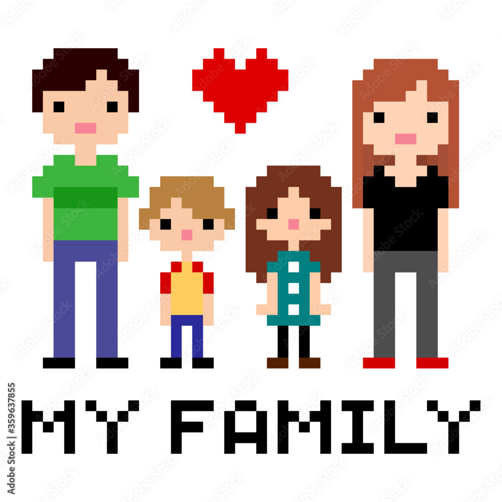 Love my family pattern. Pixel Parents and children image. Vector