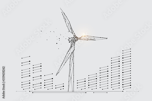 The particles, geometric art, line, and the dot of the wind turbine