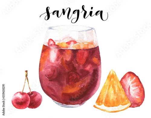 Fototapeta Watercolor sangria Spanish cocktail isolated on white background