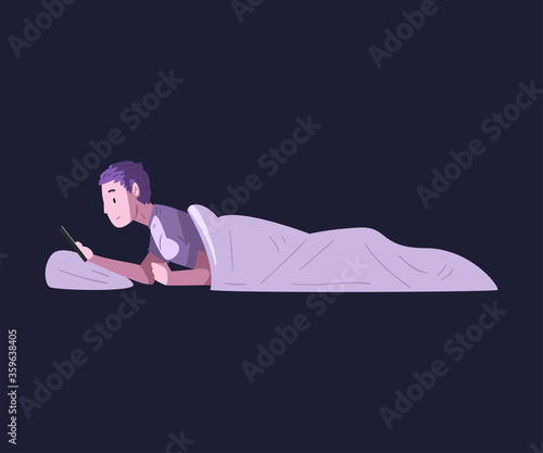 Guy Lying in the Bed with Smartphone, Person Using Digital Gadget at Night Vector Illustration