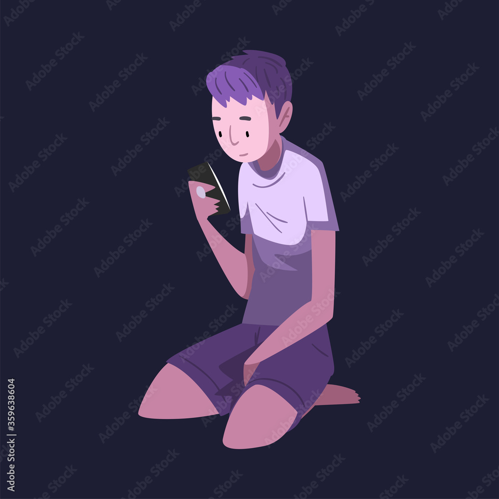 Boy in Pajamas Sitting with Smartphone at Night, Guy Using Gadget for Playing Online Video Game or Chatting on Social Networks Vector Illustration Boy in Pajamas Sitting with Smartphone at Night, Guy Using Gadget for Playing Online Video Game or Chatting on Social Networks Vector Illustration