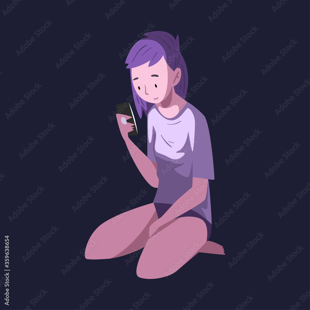 Girl in Pajamas Sitting with Smartphone at Night, Person Using Digital Gadget for Playing Online Video Game or Chatting on Social Networks Vector Illustration Girl in Pajamas Sitting with Smartphone at Night, Person Using Digital Gadget for Playing Online Video Game or Chatting on Social Networks Vector Illustration