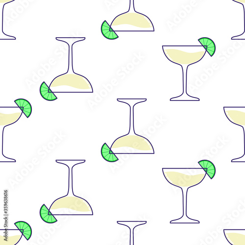 Seamless pattern with Alcoholic cocktail - margarita with lime. Vector illustration