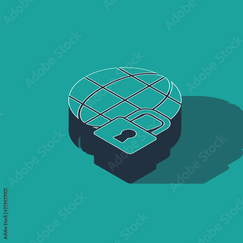 Isometric Global lockdown - locked globe icon isolated on green background. Vector.