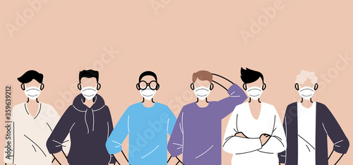 people in protective medical face masks, men wearing protection from coronavirus