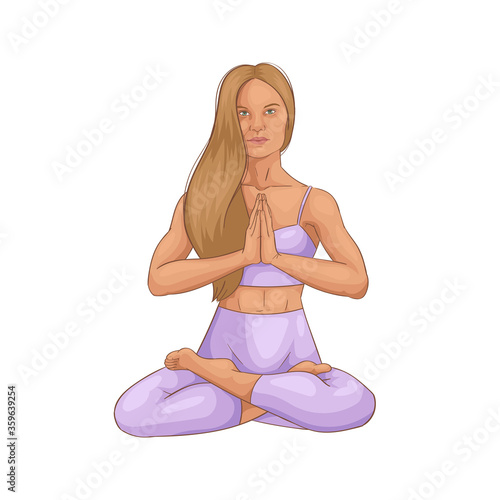 Young woman sitting in yoga lotus posture and meditating. Beautiful girl performing aerobics exercise and morning meditation at home. Physical and spiritual practice. Creative poster or banner design