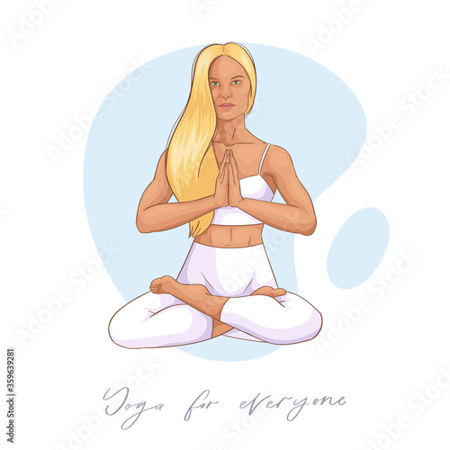 Young woman sitting in yoga lotus posture and meditating. Beautiful girl performing aerobics exercise and morning meditation at home. Physical and spiritual practice. Creative poster or banner design