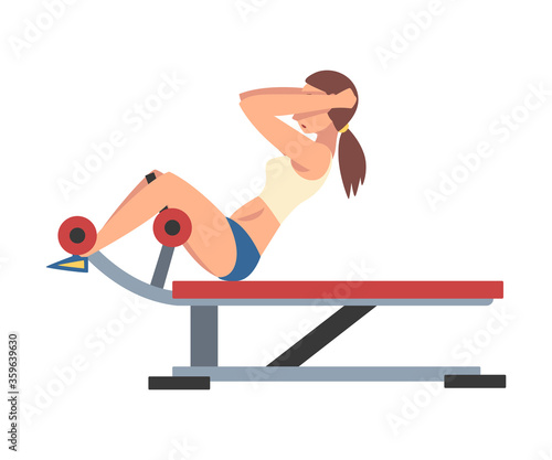 Woman Training on Abdominal Crunch Bench Vector Illustration