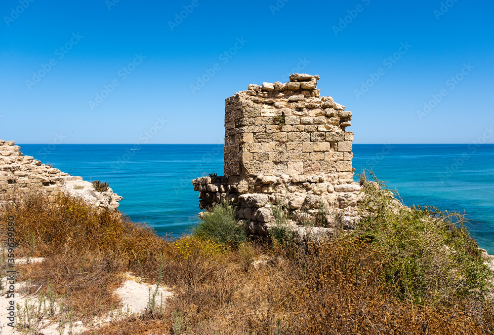 The ruin of the crusader fortress in Apollonia National Park, Israel