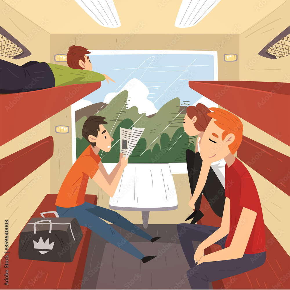 People Travelling by Trai, Young Men and Women Sitting in Passenger Railway Transport, Train Interior Vector Illustration People Travelling by Trai, Young Men and Women Sitting in Passenger Railway Transport, Train Interior Vector Illustration