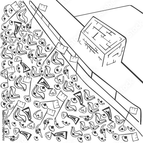 Crowd Of Soccer Fans Standing On Stadium Watching Team Competition. Football ultras concept. Vector illustration sketch doodle