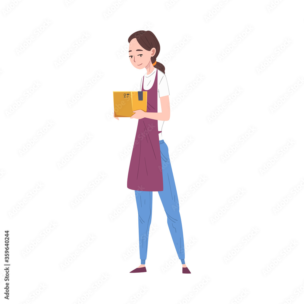 Girl in Apron Holding Cardboard Box, Young Woman Working with Parcels in Warehouse Cartoon Vector Illustration Girl in Apron Holding Cardboard Box, Young Woman Working with Parcels in Warehouse Cartoon Vector Illustration