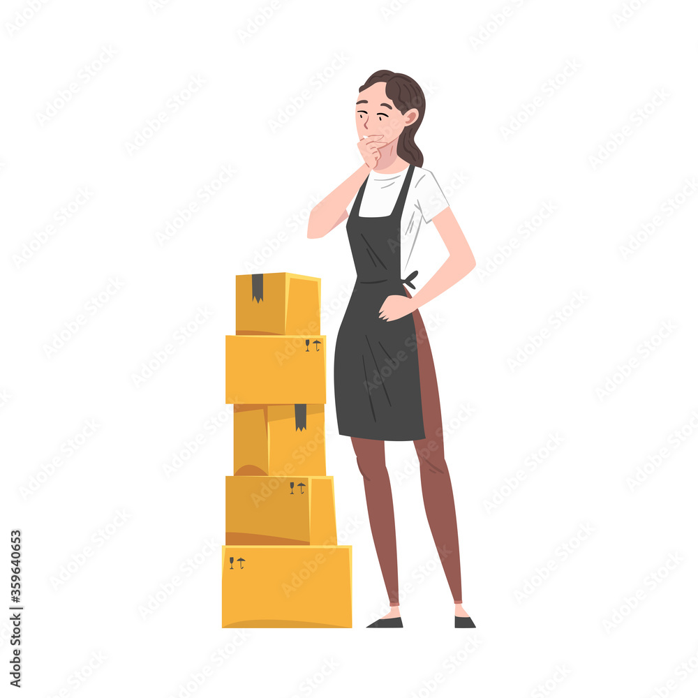 Thoughtful Young Woman Looking at Pile of Cardboard Boxes in Warehouse, Female Worker Preparing Goods For Dispatch Cartoon Vector Illustration Thoughtful Young Woman Looking at Pile of Cardboard Boxes in Warehouse, Female Worker Preparing Goods For Dispatch Cartoon Vector Illustration