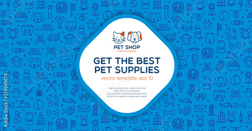 Pet shop banner template with logo badge and outline pattern in square form. Card flyer poster illustration with your text for veterinary clinic, zoo, petfood. Flat style vector illustration.